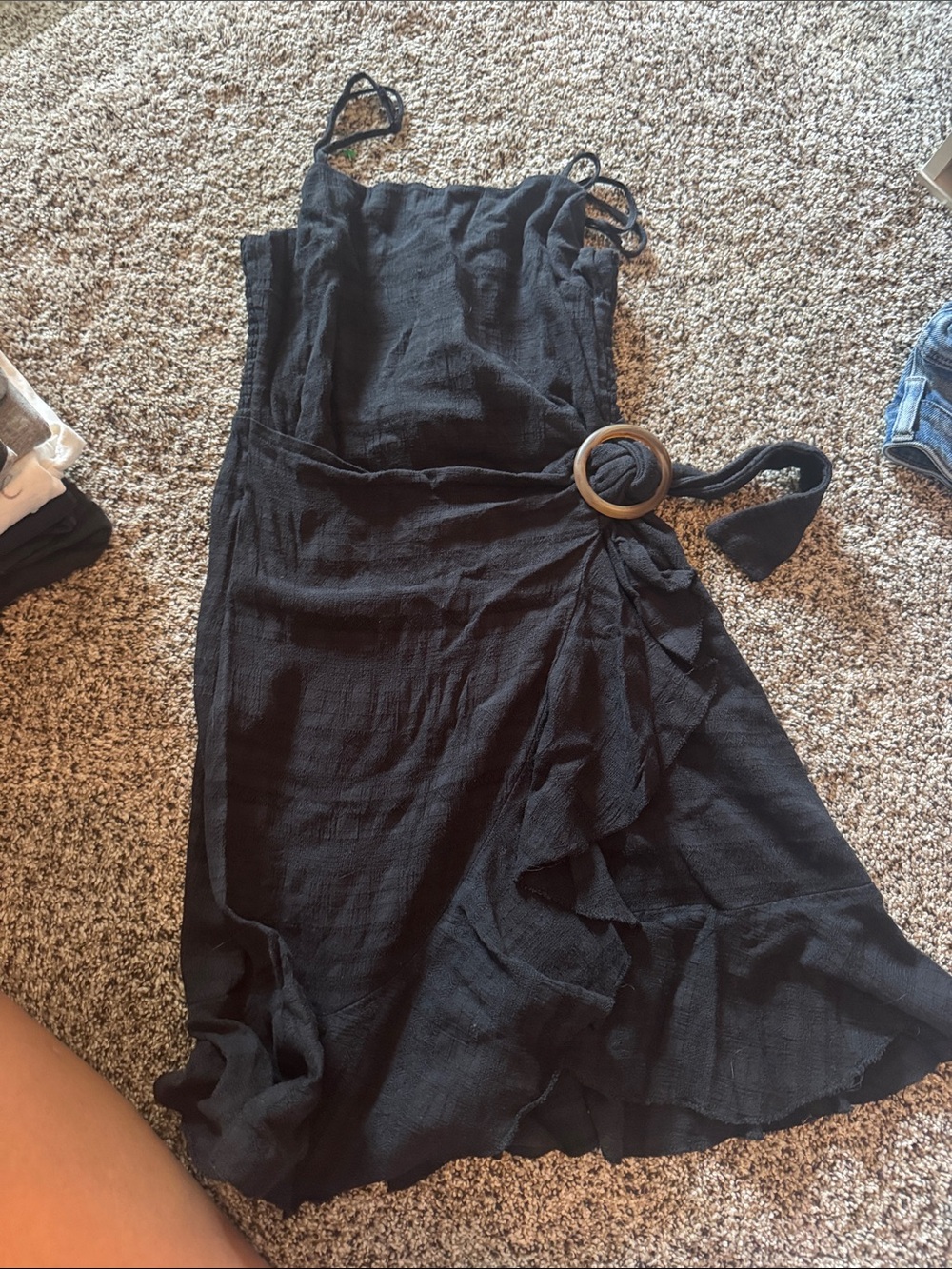 American Eagle Outfitters Black Sleeveless Wrap Midi Dress with Ring Detail